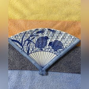 Blue Bird Fan-Shaped Ceramic Trinket Dish